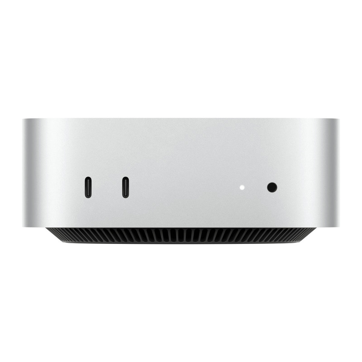 Mac Mini M6 de frente, con los dos puertos USB-C y la salida de auriculares