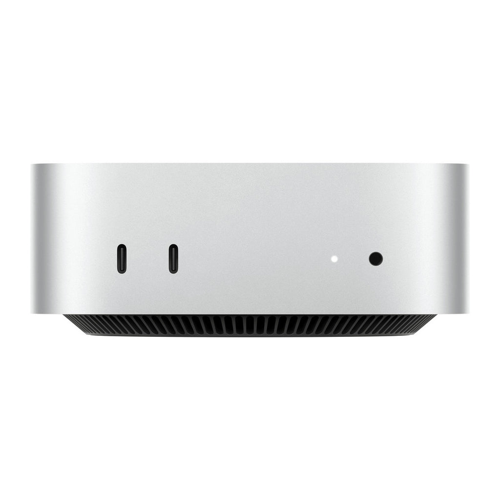 Mac Mini M5 Pro de frente, con los dos puertos USB-C y la salida de auriculares